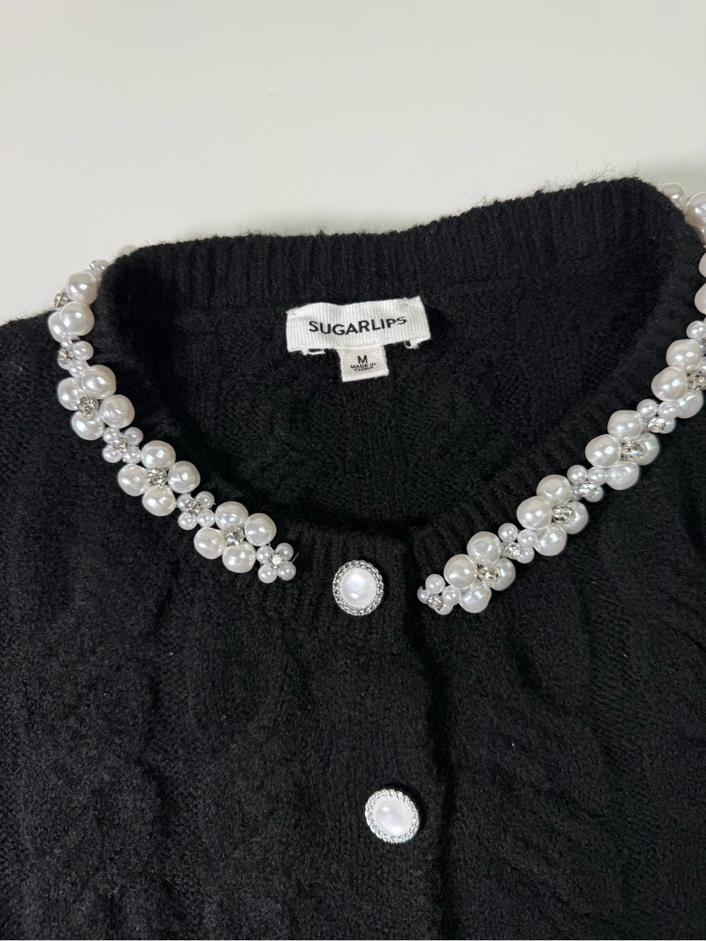 Sugarlips | Pearl Embellished Cable Puff Sleeve Knit Cardigan | Black | Size M - Picture 3 of 11